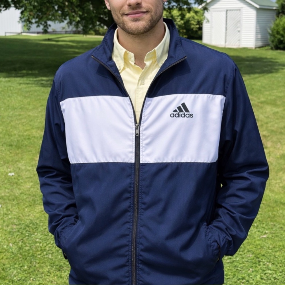 Adidas Windbreaker/Track Jacket Navy and White Full Zip Coat Men's 2XL